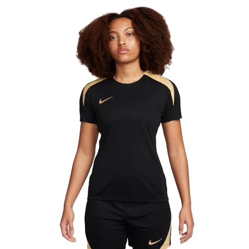 Nike Damski W Nk Df Strike Ss Top K, Black/Jersey Gold/Metallic Gold, FN5025-011, L