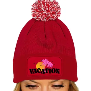 CZAPKA POMPON Bawełniana ZIMOWA Czerwona VACATION Subtelne Modne Wzory - Czapki damskie - miniaturka - grafika 1