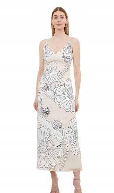 KAREN MILLEN ECRU SUKIENKA MAXI NA RAMIĄCZKACH DLA NISKICH 40 B1C