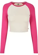 Koszulki i topy damskie - Urban Classics Damski Organic Cropped Retro Baseball Longsleeve Damska koszulka z długim rękawem biała/czarna, Whitesand/Hibiskus Pink, XL - miniaturka - grafika 1