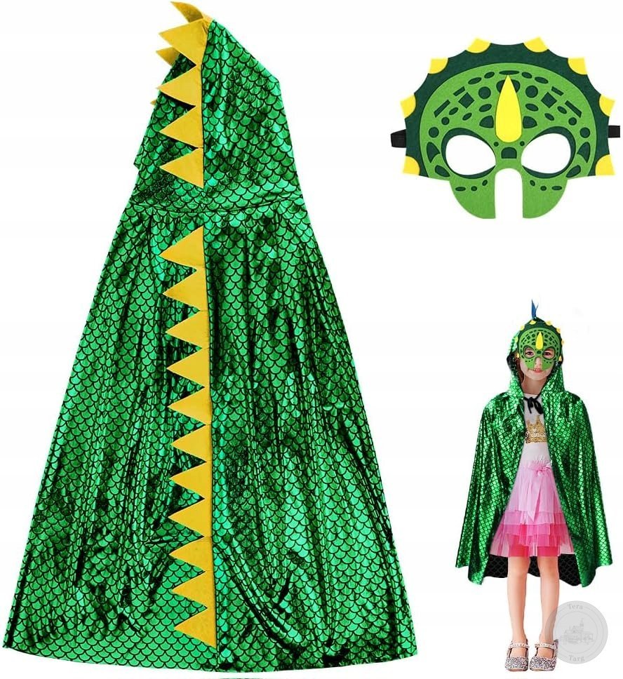 KOSTIUM DINOZAURA DLA DZIECI PELERYNA + MASKA COSPLAY ZIELONY
