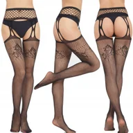 Pończochy - RAJSTOPY WZORZYSTE Z PASEM JAK POŃCZOCHY STYLOWE STRIPANTY KABARETKI CZARNE - miniaturka - grafika 1