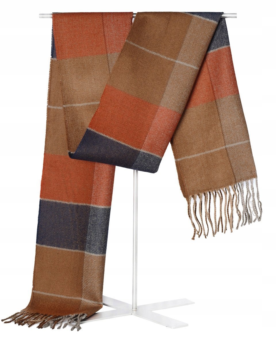 Szal Szalik Męski Zimowy Ciepły Pomarańczowo - Brązowo - Granatowy W Kratę