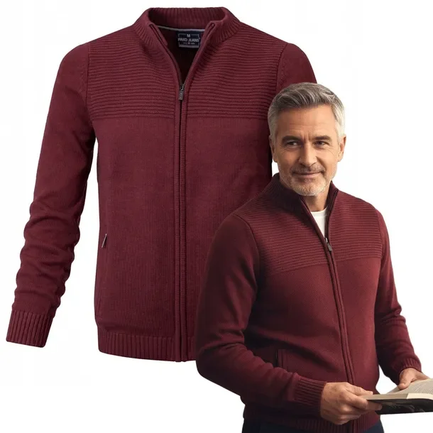 SWETER Męski ROZPINANY Kardigan na Zamek BORDOWY Bawełniany Pako Jeans SWET