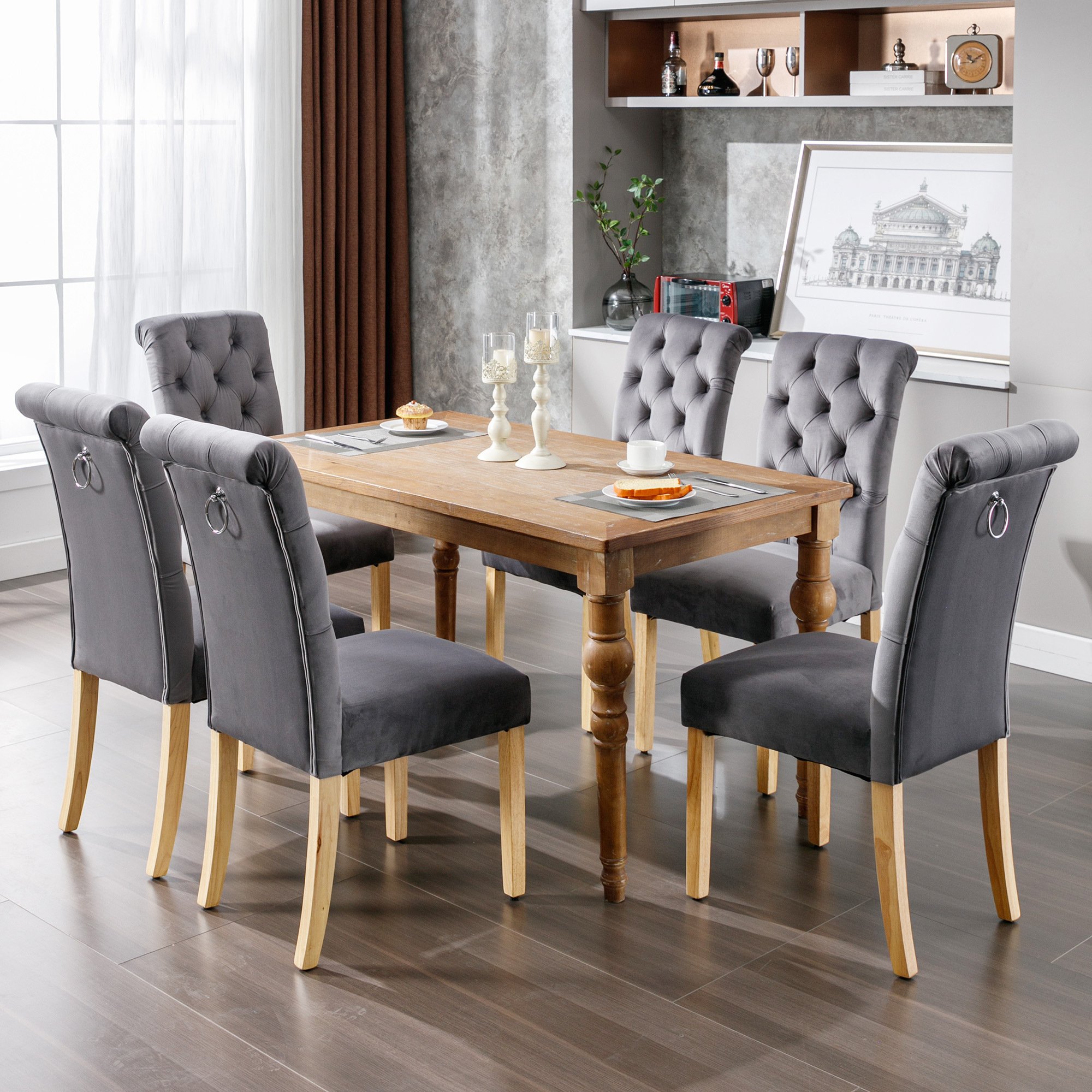 Krzesła do jadalni Flieks zestaw 4, krzesło kuchenne z nogami z litego drewna, krzesło do salonu tapicerowane z oparciem, krzesło do jadalni kuchnia salon, szare