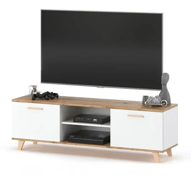 Szafka RTV BIAŁA w Stylu Skandynawski Stolik pod TV 138 cm Komoda Stojąca