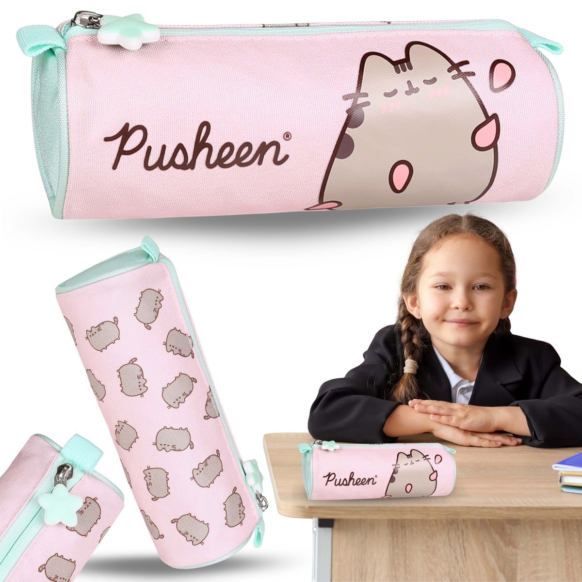 Pusheen Różowy piórnik szkolny dla dziewczynki, TUBA, saszetka na przybory szkolne 22x8x8cm