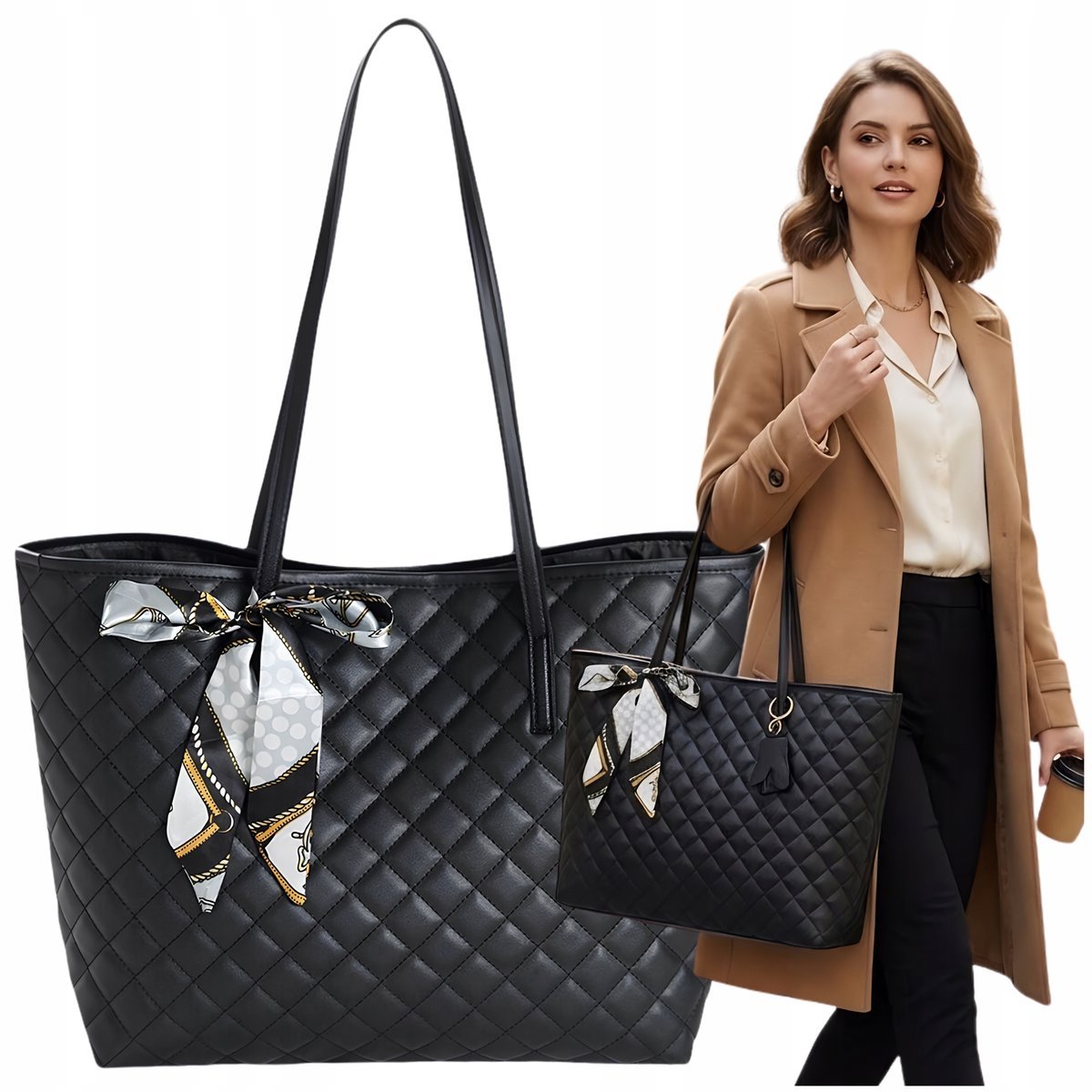 Torba Damska Duża Shopper Pikowana Czarna Modna Na Ramię