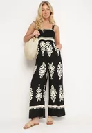 Kombinezony - Czarno-Beżowy Kombinezon z Wiskozy na Ramiączkach z Marszczoną Górą i Długimi Nogawkami Teseria - miniaturka - grafika 1