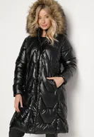 Kurtki damskie - Czarno-Brązowa Zimowa Kurtka Pikowana o Długim Kroju z Kapturem z Odpinanym Futrem Lilareen - miniaturka - grafika 1