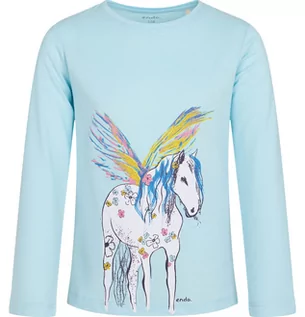 Bluzki dla dziewczynek - T-shirt z długim rękawem dla dziewczynki, z koniem, niebieski, 3-8 lat - grafika 1