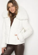 Kurtki damskie - Biała Pikowana Kurtka z Szerokim Kołnierzem z Futerkiem Galerra - miniaturka - grafika 1