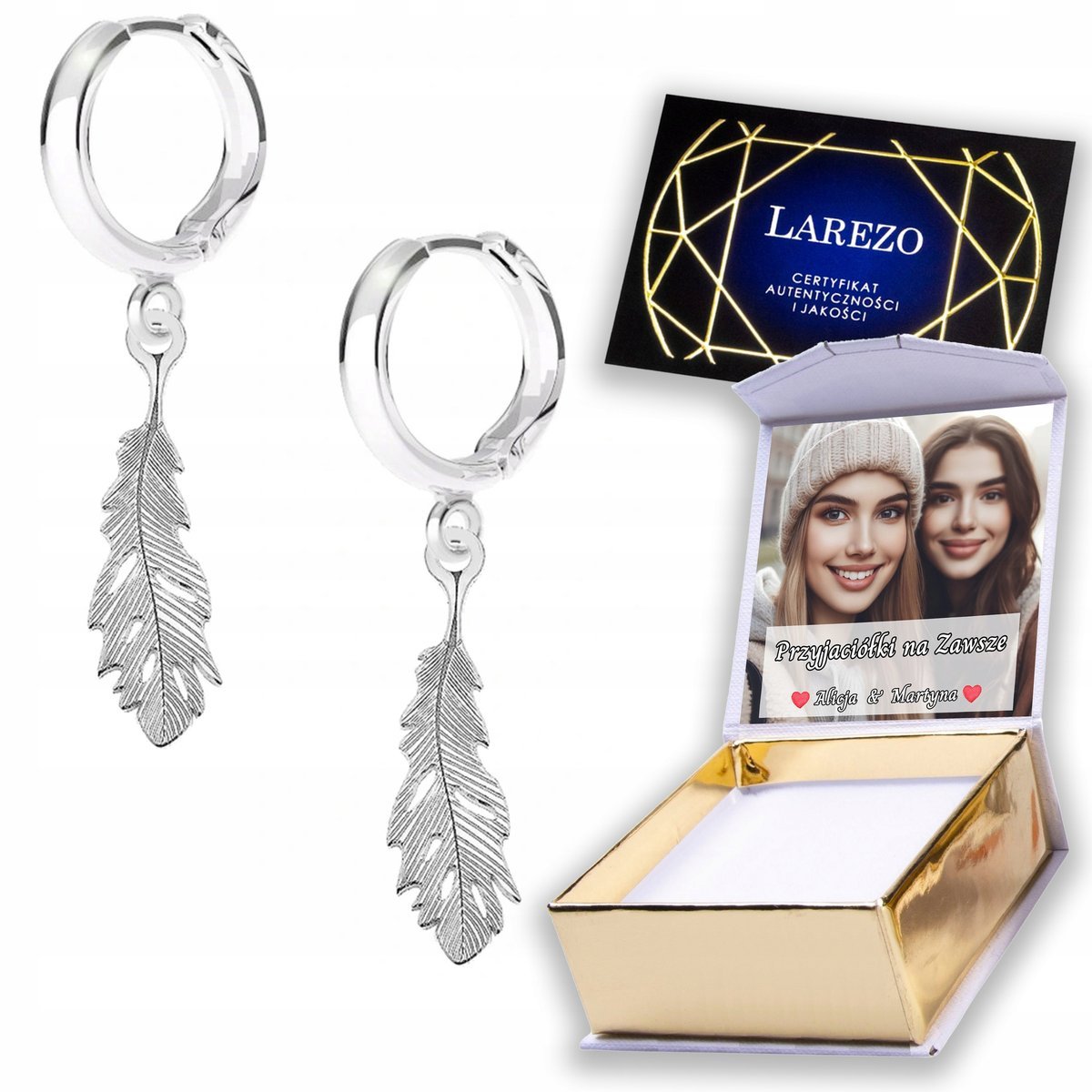 Kolczyki Srebrne 925 Ozdobne Pióra Piórka z Piórkami Piórem Liście NADRUK