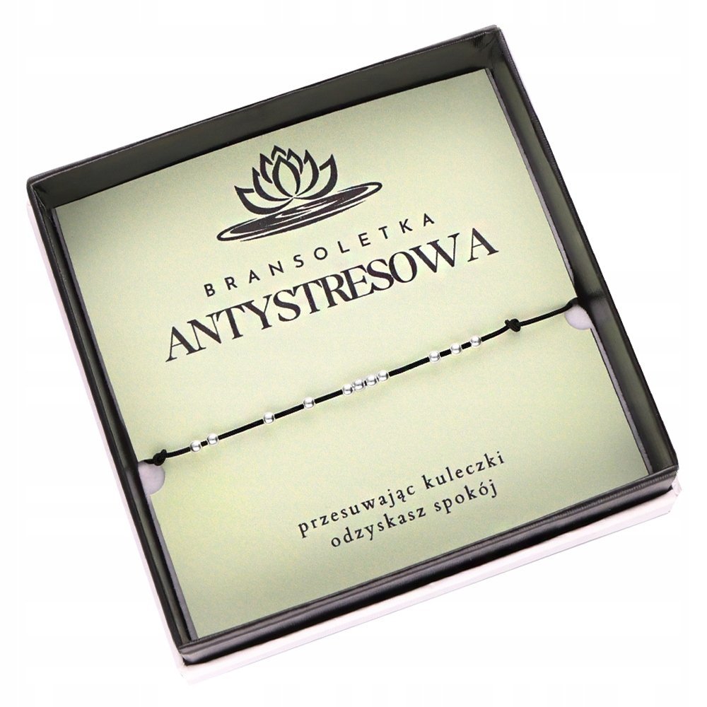 Bransoletka ANTYSTRESOWA Kulki Srebrne Sznurek 925 Prezent Karteczka