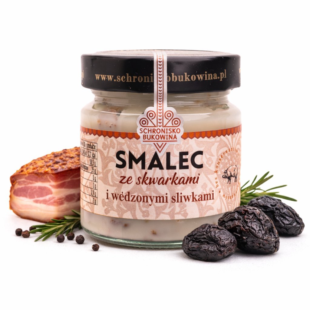 Smalec z boczkiem i śliwkami wędzonymi 180g - Schronisko Bukowina