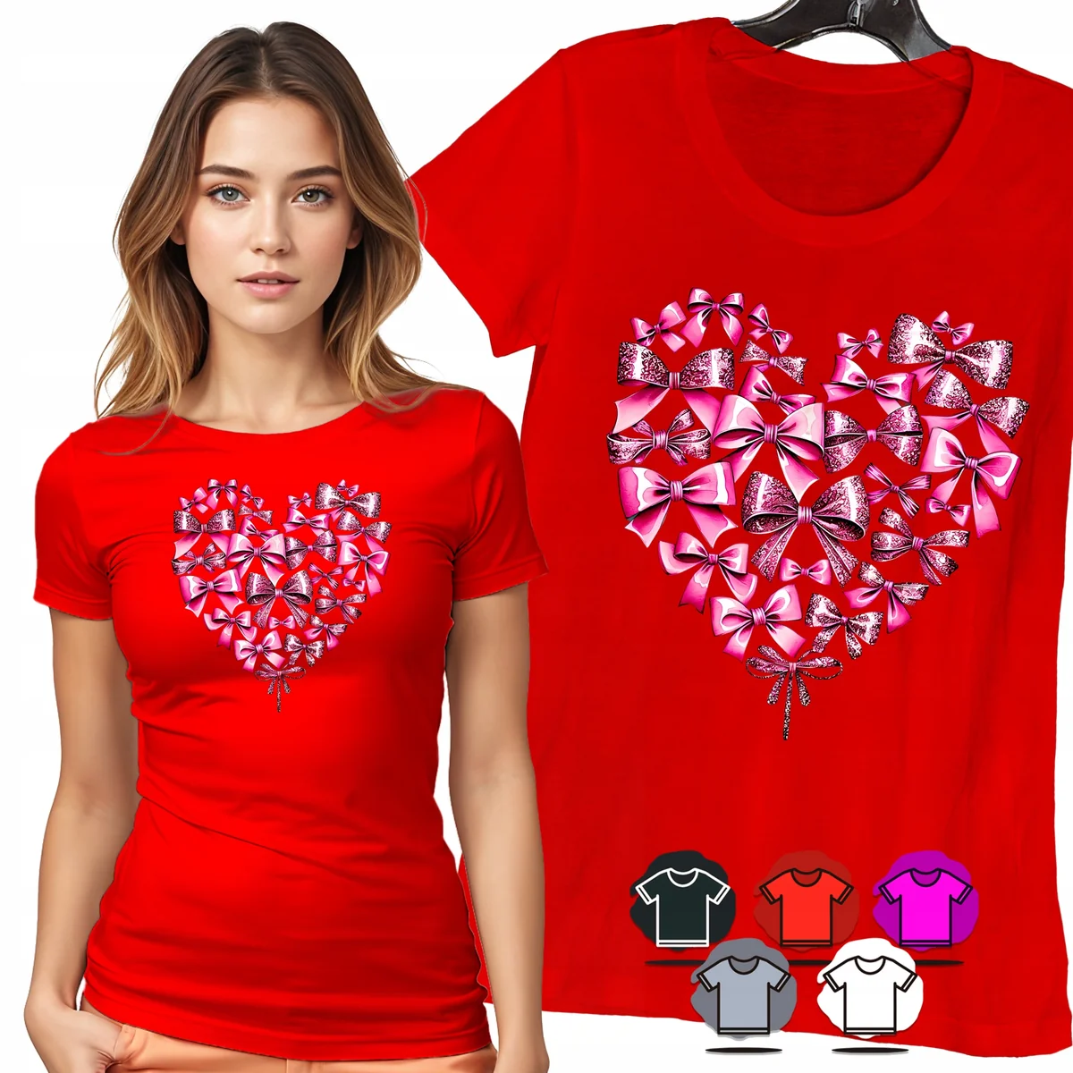 KOSZULKA DAMSKA T-SHIRT - SERCE Z RÓŻOWYCH KOKARDEK ELEGANCKI WZÓR - XL