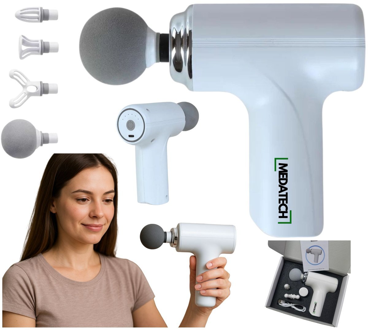 PISTOLET DO MASAŻU MINI MEDATECH MASSAGE GUN MASAŻER PLECÓW TRYB AI BIAŁY