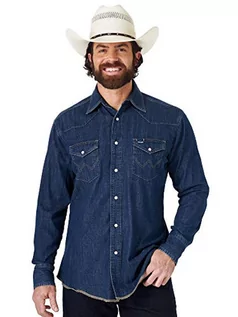Koszule męskie - Wrangler Męska koszula robocza z długim rękawem w stylu kowbojskim, sprane wykończenie, guziki, nieprzejrzysta, Ciemny denim, 3X Długi - grafika 1
