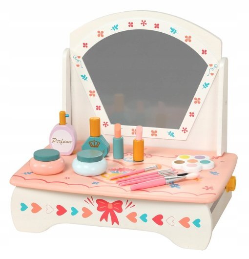 DREWNIANA TOALETKA Z LUSTERKIEM DLA DZIECI AKCESORIA KOSMETYKI