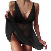 Komplety bielizny - KORONKOWY KOMPLET BIELIZNA NOCNA DAMSKA PIŻAMA KOSZULKA HALKA STRINGI KOLOR CZARNY - miniaturka - grafika 1