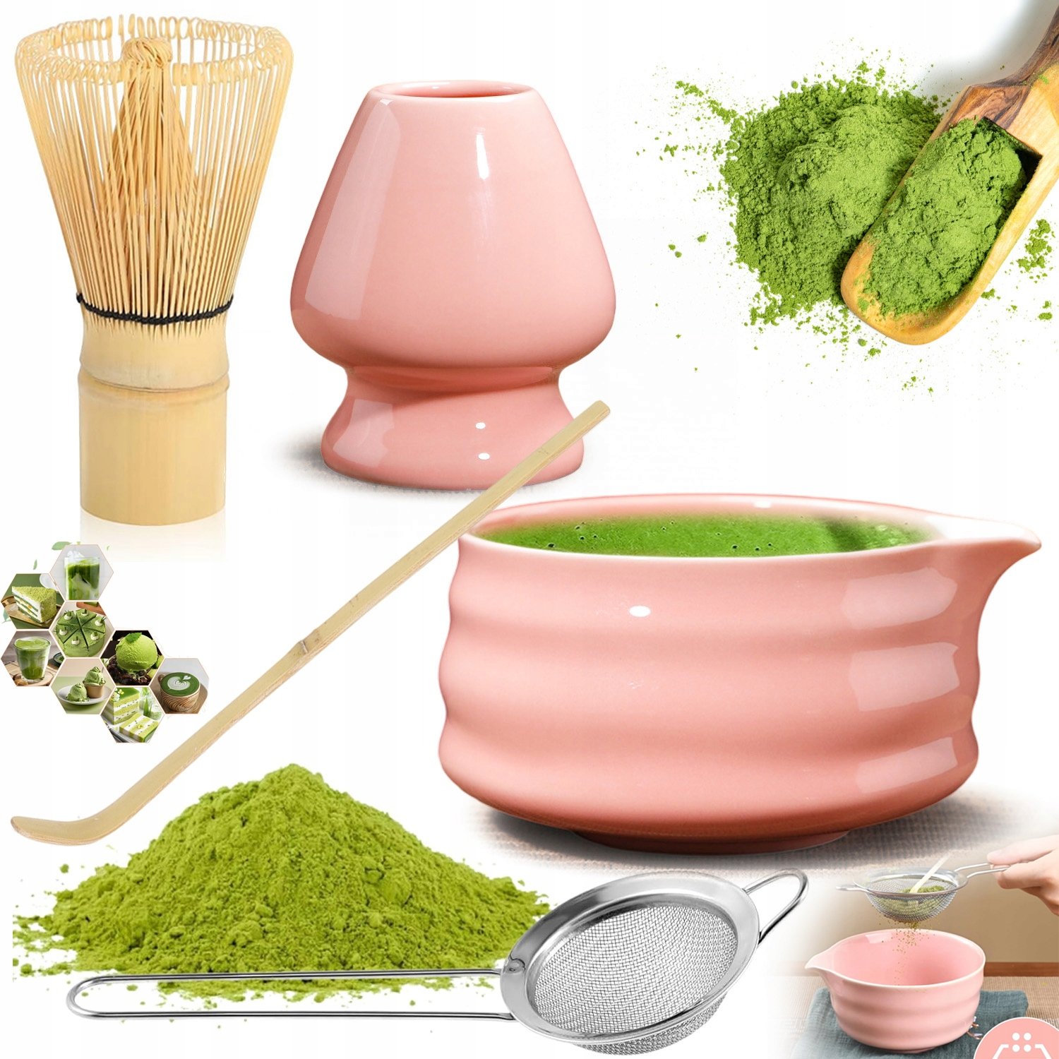 Bambusowy Zestaw Prezentowy Herbaty Matchy Chashaku Trzepaczka Łyżka Różowy