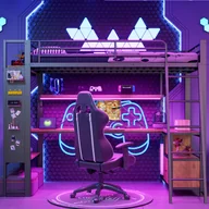 Łóżka dla dzieci i młodzieży - Łóżko na antresoli 90x200 cm - Konstrukcja stalowa - Oświetlenie LED - Biurko z półką - Port USB - Czarny (materac nie jest wliczony w cenę) - miniaturka - grafika 1