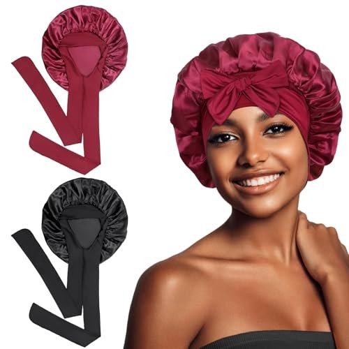 Euqvunn 2Sztuki jedwabna Czapka do Spania, Regulowana Czapka Do Spania Pas Zawiązywania o Szerokości 6.2 × 63 cm, Damski Czepek Do Spania, Ochrona dla Długich/Prostych Włosów (Czarno Czerwone)