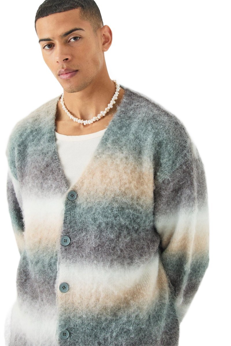 BOOHOOMAN MĘSKI SWETER ROZPINANY W PASKI MELANŻ BEŻ SZARY NIEBIESKI L Z3A*