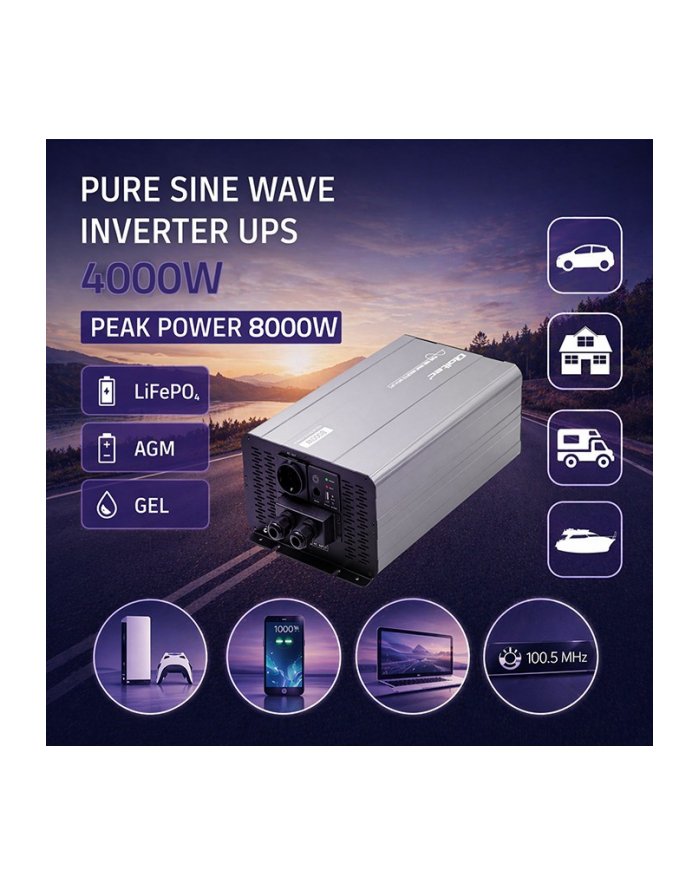 qoltec Przetwornica napięcia Pure Sine Wave 12V na 230V 4000/8000WUPS BYPASS