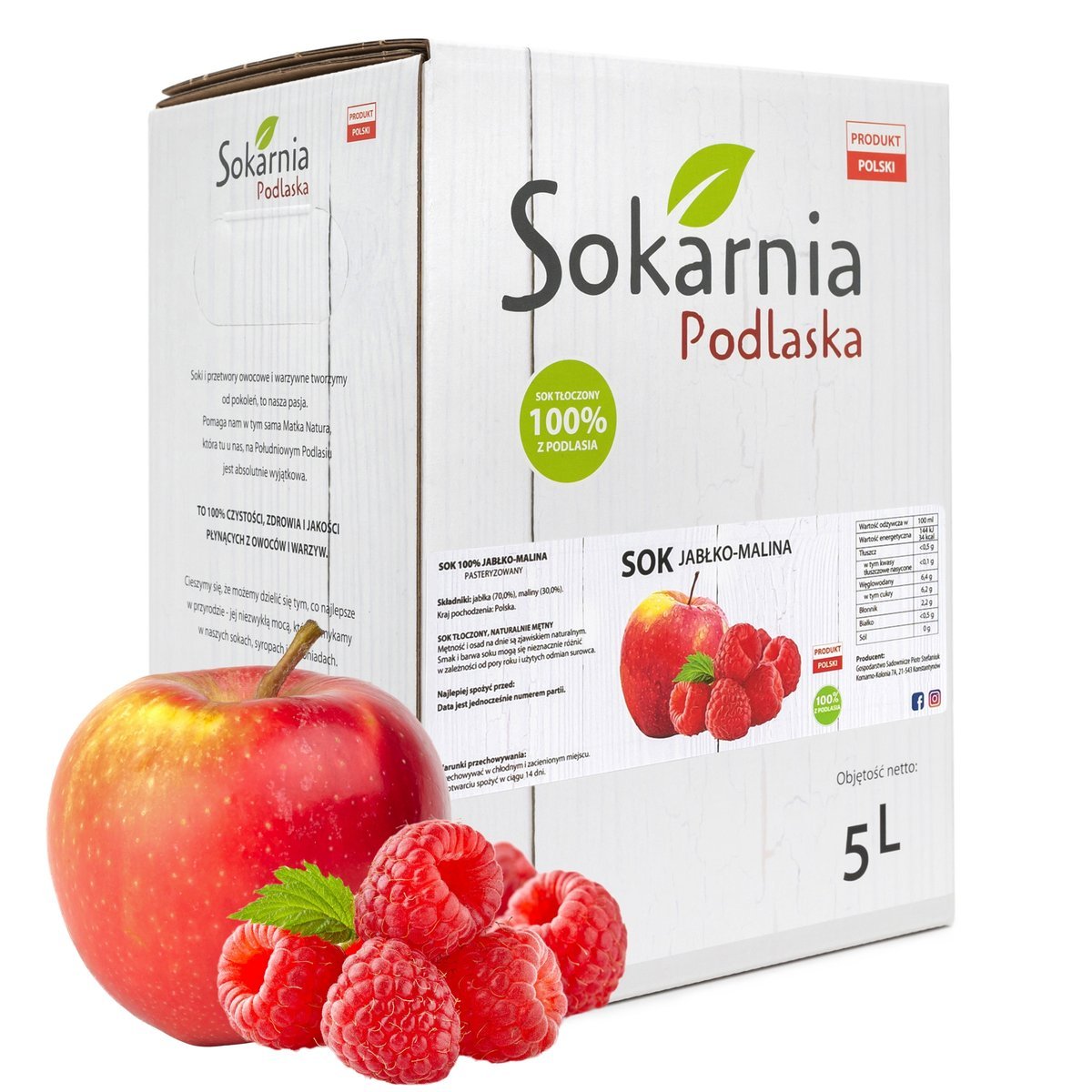 SOK JABŁKO MALINA 5L Tłoczony Idealny Do Posiłku Dostarcza Mikroelementy