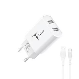 ŁAD SIEC T-PHOX POCKET SERIES 2xUSB TCC-224 12W + KABEL USB-C WHITE - Ładowarki do telefonów - miniaturka - grafika 1
