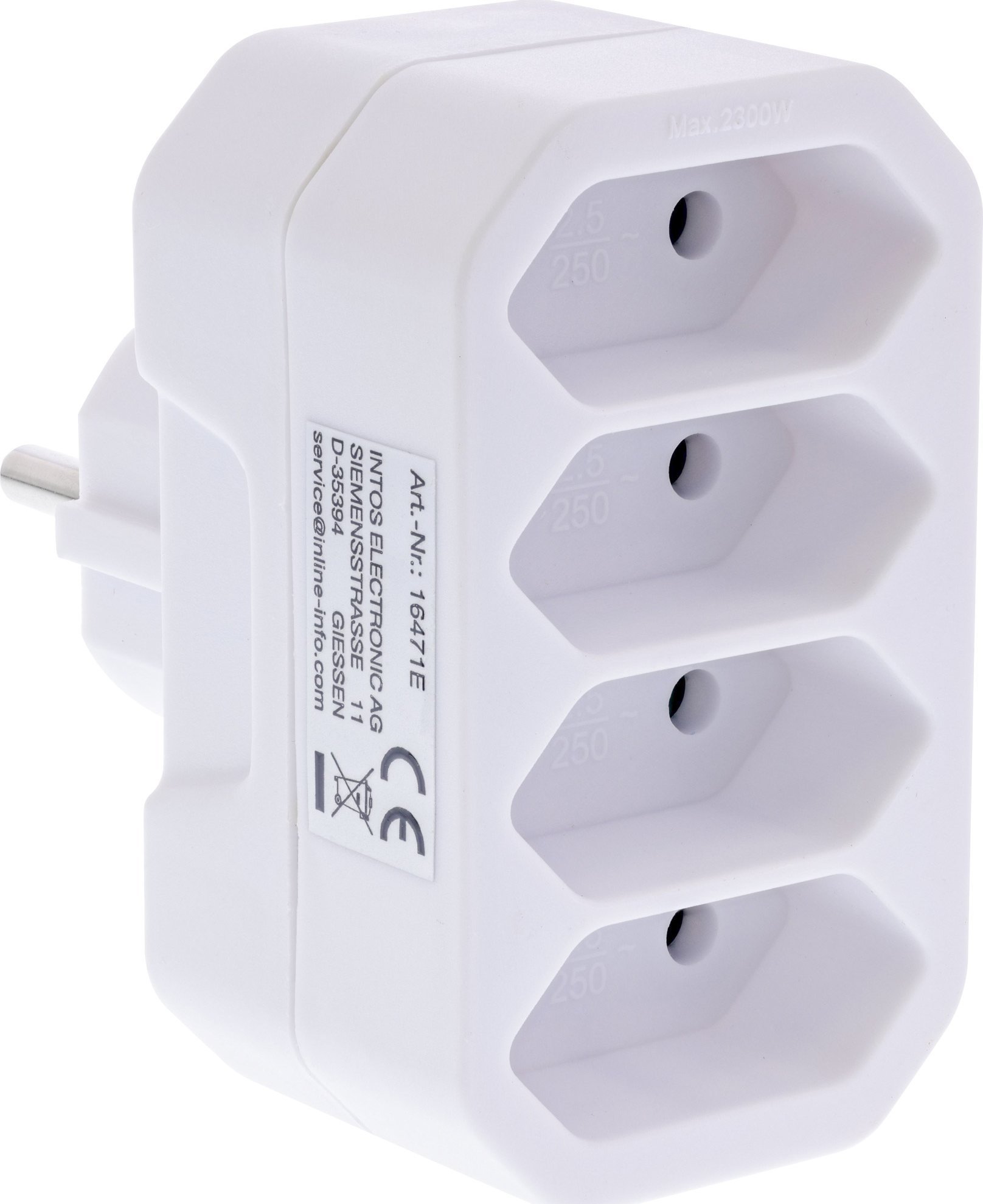 InLine® Steckdosenadapter, Schutzkontakt Stecker an 4x Eurobuchse, weiß