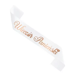 Szarfa biała z napisem Wieczór Panieński w kolorze Rose Gold, 160cm - Wieczór panieński i kawalerski - miniaturka - grafika 1