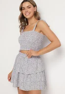 Komplety damskie - Fioletowy Komplet w Kwiaty Elastyczny Top z Wiązaniami i Rozkloszowana Spódniczka Natilana - miniaturka - grafika 1