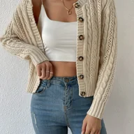 Swetry damskie - TEMU Kardigan Damski z Eleganckim Długim Rękawem - Szykowny Beżowy Sweter z Otwartym Przodem i Detalami Guzików, Średnia Elastyczność, Idealny na - miniaturka - grafika 1