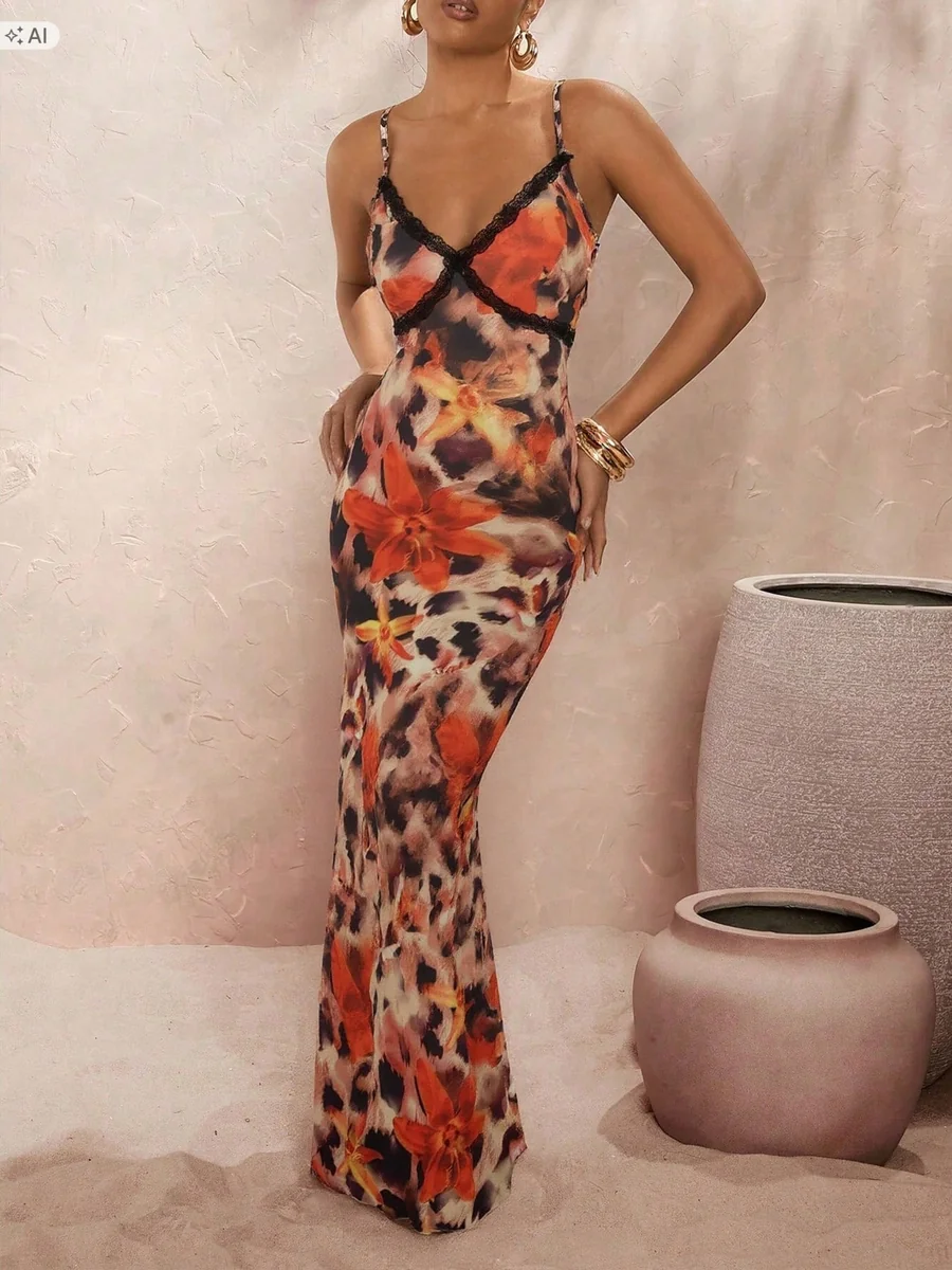 SHEIN SUKIENKA MAXI W KWIATY I ZWIERZĘCY PRINT NA RAMIĄCZKACH XS 1ŁA
