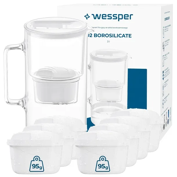 Dzbanek filtrujący szklany Wessper D2 Borosilicate 3l biały + 8x filtr