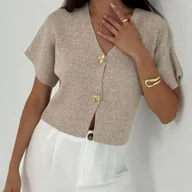 Swetry damskie - TEMU Damski kardigan z krótkim rękawem i dekoltem w serek - Lekki sweter z otwartą przodową klatką zapinany na guziki, /Neutralne odcienie do - miniaturka - grafika 1