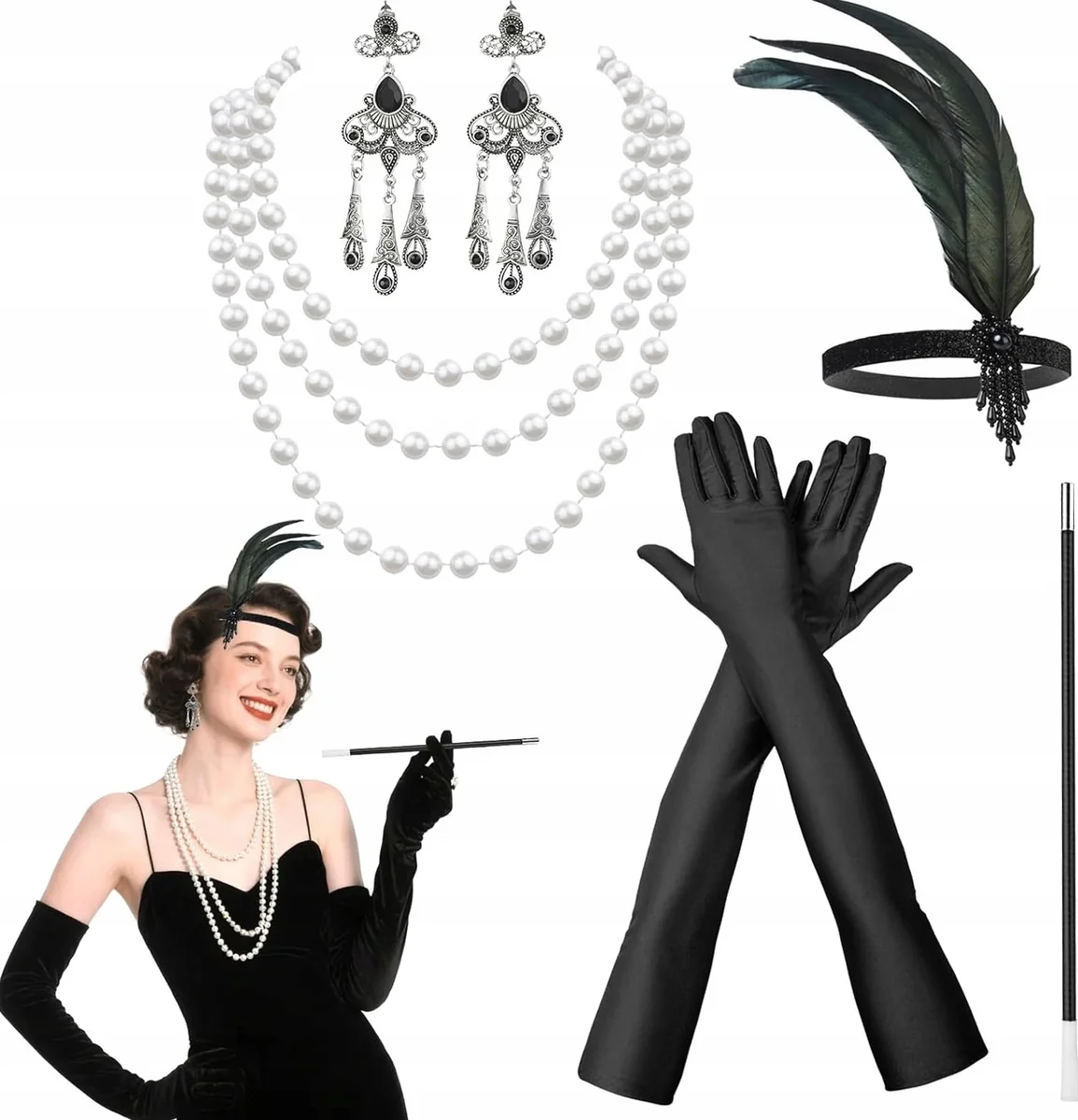 AKCESORIÓW ZESTAW DAMSKICH LATA 20 STYL GATSBY OPASKA NASZYJNIK KOLCZYKI