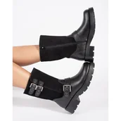 Botki damskie - Czarne skórzane botki damskie na platformie ozdobione paskami Sergio Leone - miniaturka - grafika 1