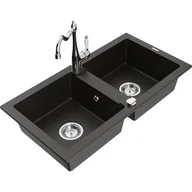 Zlewozmywaki z baterią - Mexen Mario zlewozmywak granitowy 2-komorowy z baterią kuchenną Carla, czarny/złoty metalik - miniaturka - grafika 1