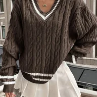 Swetry damskie - TEMU Elegancki Sweter z Dekoltem w Serek dla Kobiet - Brązowo-Biały Kolorowy Blok, Długi Rękaw na Jesień/Zimę, Biuro, Impreza, Codzienny Strój - - miniaturka - grafika 1