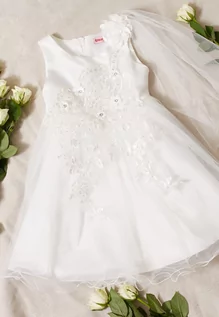 Sukienki i spódniczki dla dziewczynek - Biała Sukienka Balowa z Wiązaniem w Talii i Dekoracyjną Różą z Tiulem Alymena - grafika 1