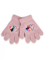 Rękawiczki dla dzieci - Rękawiczki Dziewczęce Pięciopalczaste Różowe Z Hologramem Sercami 12 Cm Yoclub - miniaturka - grafika 1