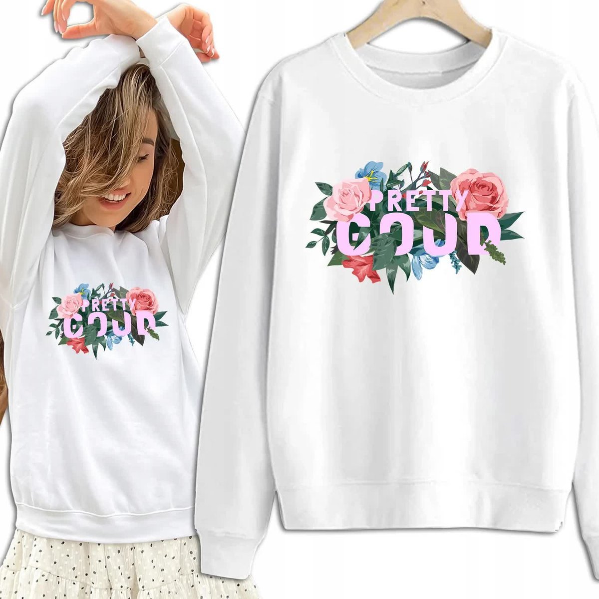 Bluza Damska Biała Dresowa PRETTY Kobiece Dziewczęce Piękne Wzory Rozmiar S