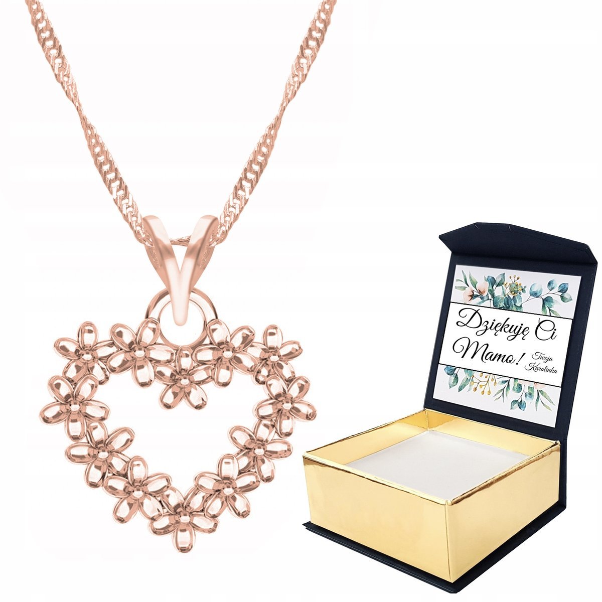 Naszyjnik różowe złoto Serce kwiaty WŁASNY NADRUK