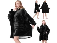 Bluzy damskie - Koc Duża Bluza Z Kapturem Gruba Oversize Ciepła Szlafrok Kocobluza Czarna - miniaturka - grafika 1