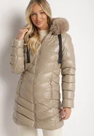 Kurtki damskie - Beżowa Długa Pikowana Kurtka z Odpinanym Futerkiem i Sznurkami Rinnarae - miniaturka - grafika 1