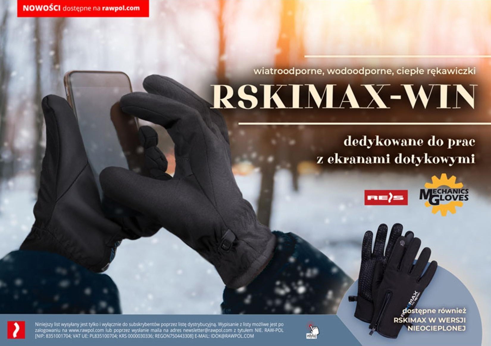 R.E.I.S. RSKIMAX-WIN - rękawice ochronne ocieplane tkaniną THINSULATE, doskonałe do prac z ekranami dotykowymi L
