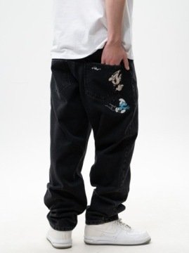 Spodnie Jeansowe Baggy Męskie Czarne Smerfy Gargamel Hafty Premium XXL